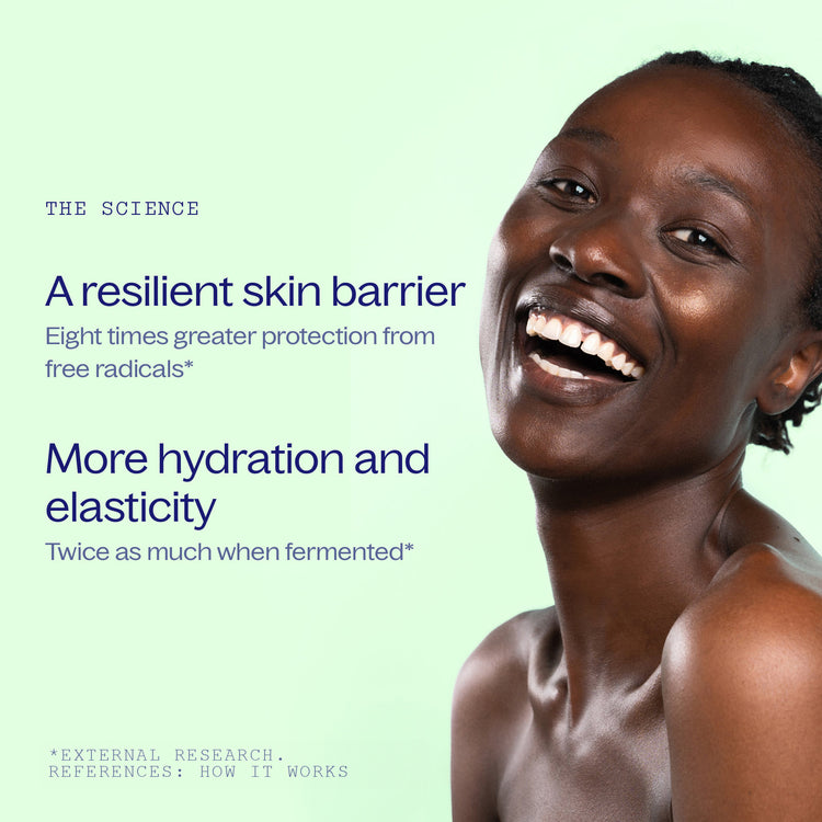 Smiling woman against a mint green background, beside the science: a resilient skin barrier, with eight times greater protection from free radicals, and more hydration and elasticity, twice as much when fermented