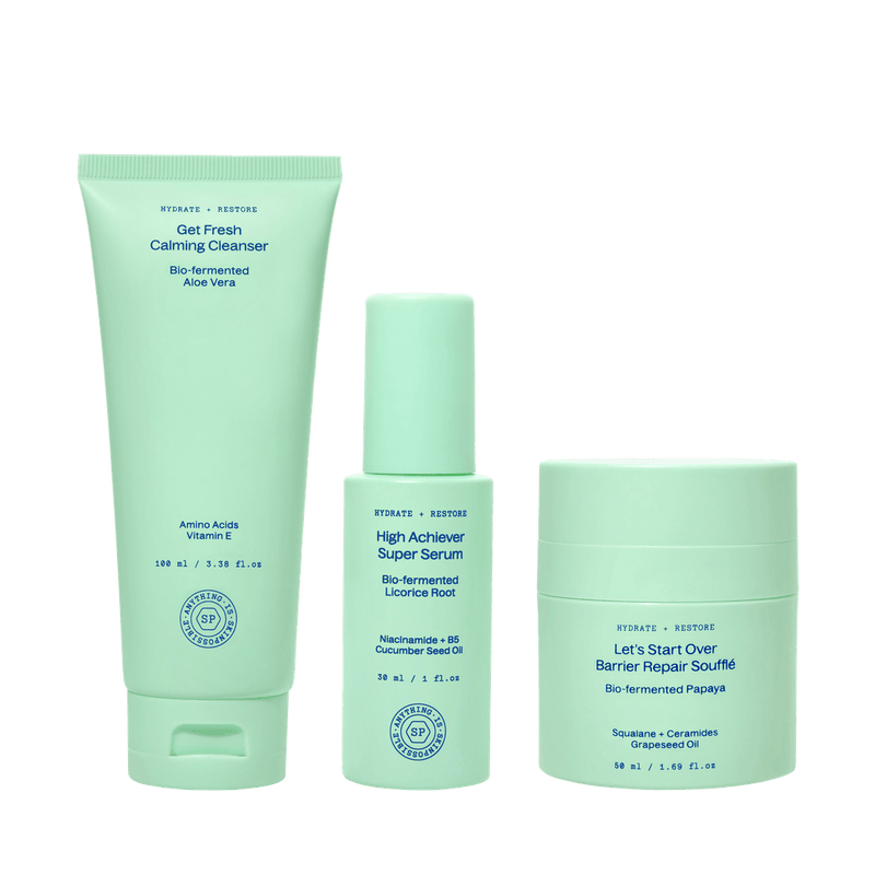 Get Fresh Calming Cleanser, High Achiever Super Serum and Let's Start Over Barrier Repair Soufflé