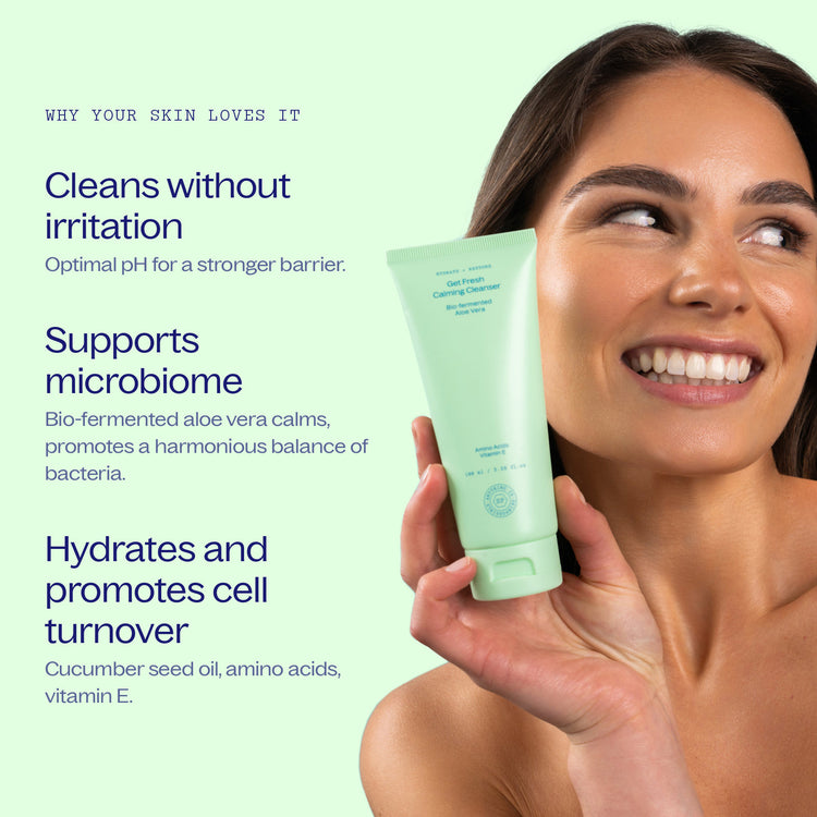 Smiling woman applying cream to her cheek, beside three reasons your skin loves the Get Fresh Calming Cleanser: it cleans without irritation at an optimal pH for a stronger barrier; it supports the microbiome, as bio-fermented aloe vera calms and promotes a harmonious balance of bacteria; and it hydrates and promotes cell turnover with cucumber seed oil, amino acids and vitamin E