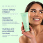 Smiling woman applying cream to her cheek, beside three reasons your skin loves the Get Fresh Calming Cleanser: it cleans without irritation at an optimal pH for a stronger barrier; it supports the microbiome, as bio-fermented aloe vera calms and promotes a harmonious balance of bacteria; and it hydrates and promotes cell turnover with cucumber seed oil, amino acids and vitamin E