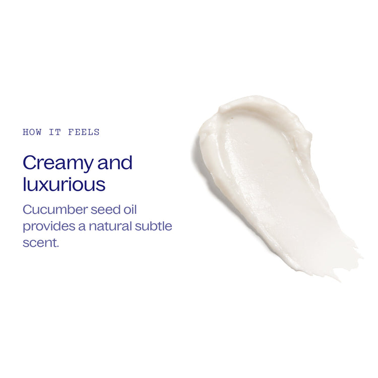 A swirl of Get Fresh Calming Cleanser on a white background. It is creamy and luxurious, with cucumber seed oil for a natural subtle scent