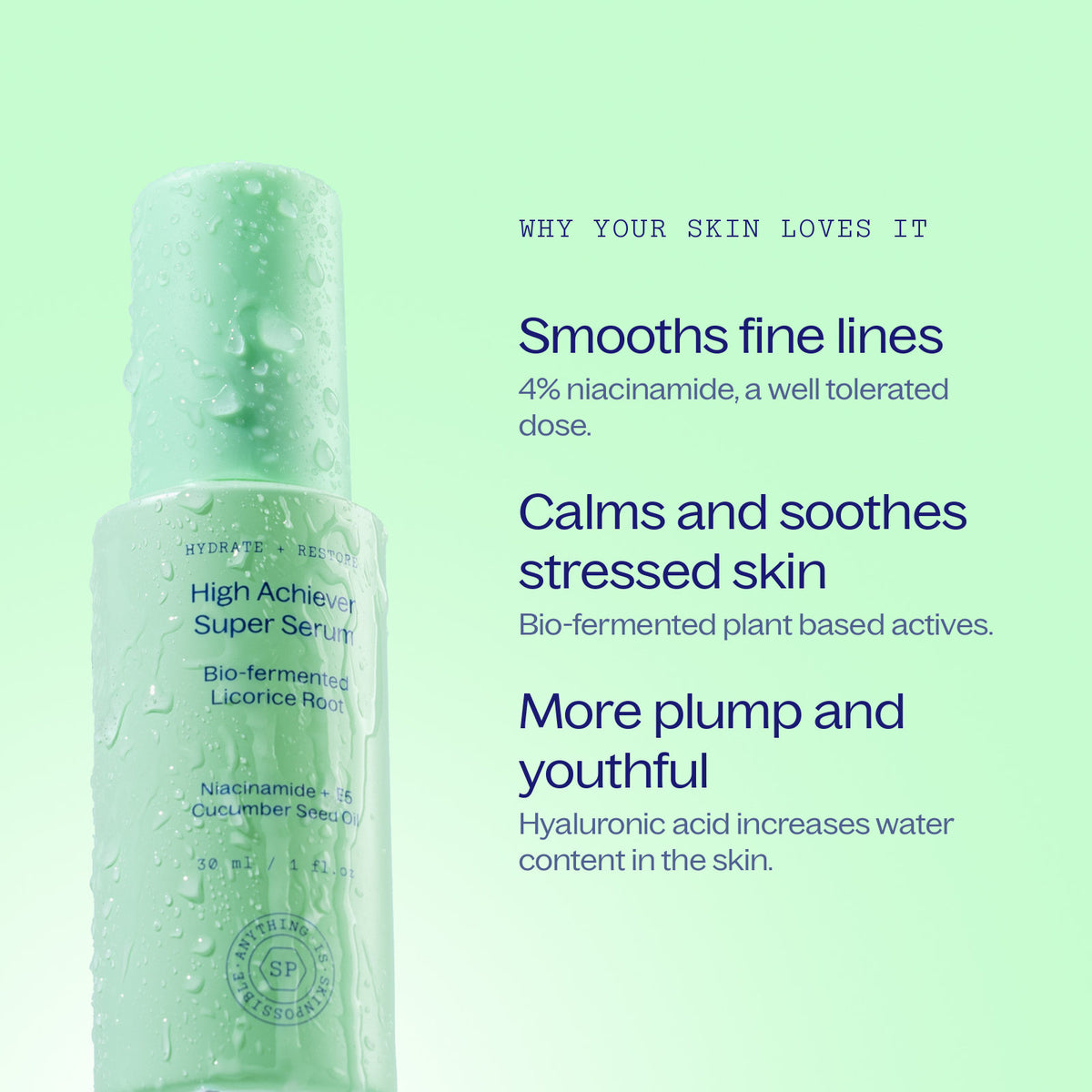 High Achiever Super Serum bottle on a mint green ground, beside three reasons your skin loves it: it smooths fine lines with 4 per cent niacinamide, a well tolerated dose; it calms and soothes stressed skin with bio-fermented plant based actives; and it leaves skin more plump and youthful, as hyaluronic acid increases water content in the skin