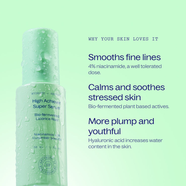 High Achiever Super Serum bottle on a mint green ground, beside three reasons your skin loves it: it smooths fine lines with 4 per cent niacinamide, a well tolerated dose; it calms and soothes stressed skin with bio-fermented plant based actives; and it leaves skin more plump and youthful, as hyaluronic acid increases water content in the skin