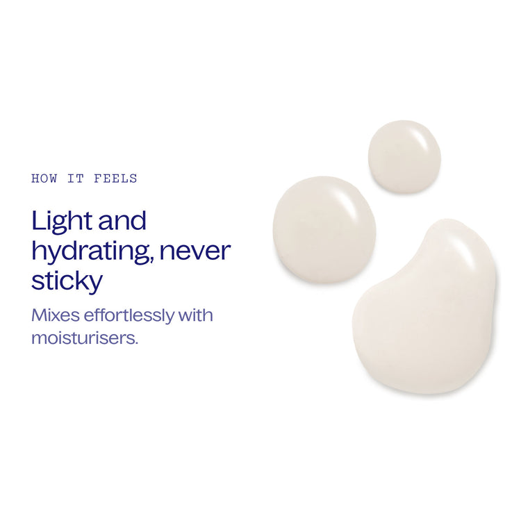 Three drops of High Achiever Super Serum on a white background. It is light and hydrating, never sticky, and mixes effortlessly with moisturisers