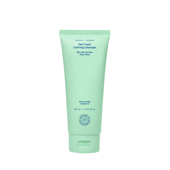 Get Fresh Calming Cleanser in a mint green 100ml tube, front view, with bio-fermented aloe vera, amino acids and vitamin E